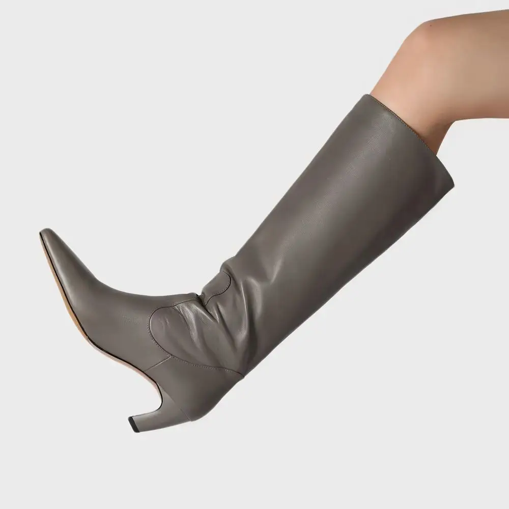 

Spot White Long Boots Women's Stilettos Autumn Winter New Small Square Toe Large Tube High Boots First Layer Cowhide Knight Boot