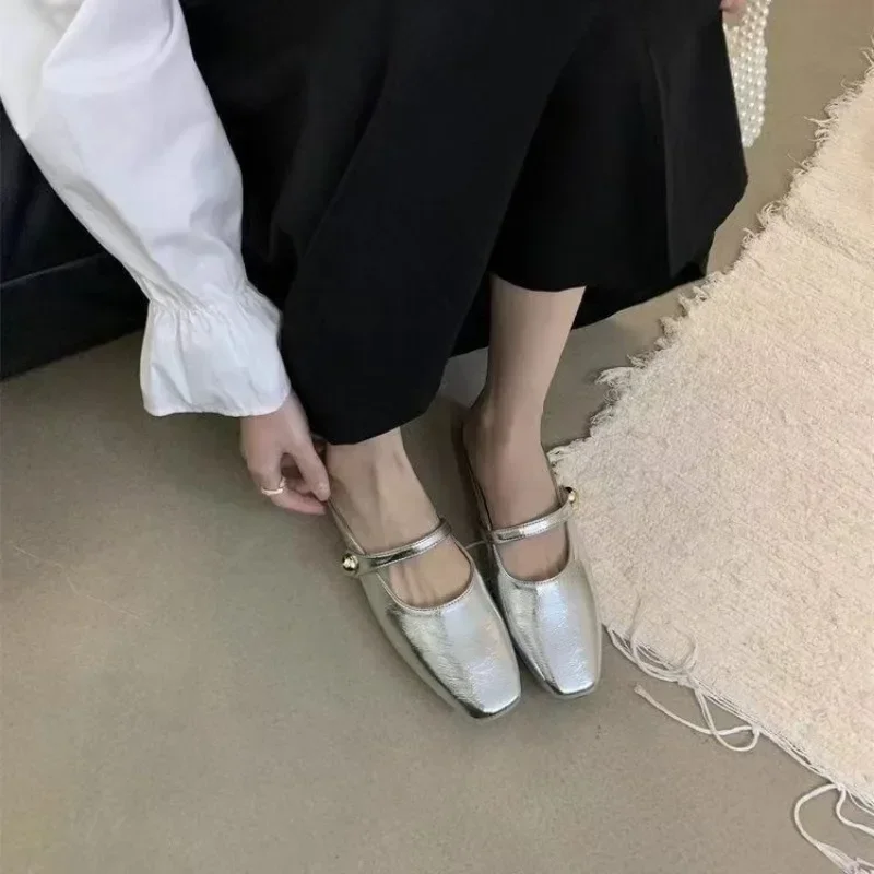 Soft  Leather 2024 Ins Silver Buckle Strap Casual  Shoes Fashion flats elegant glitter metallic mules shoes cover Toe Slippers