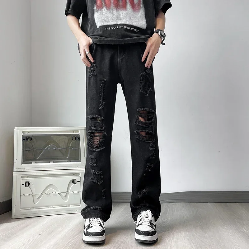 

2024 Fashion Men's Spring Summer Streetwear Ripped Loose Jeans Male Hole Casual Straight Trousers Men Wide Leg Denim Pants F194