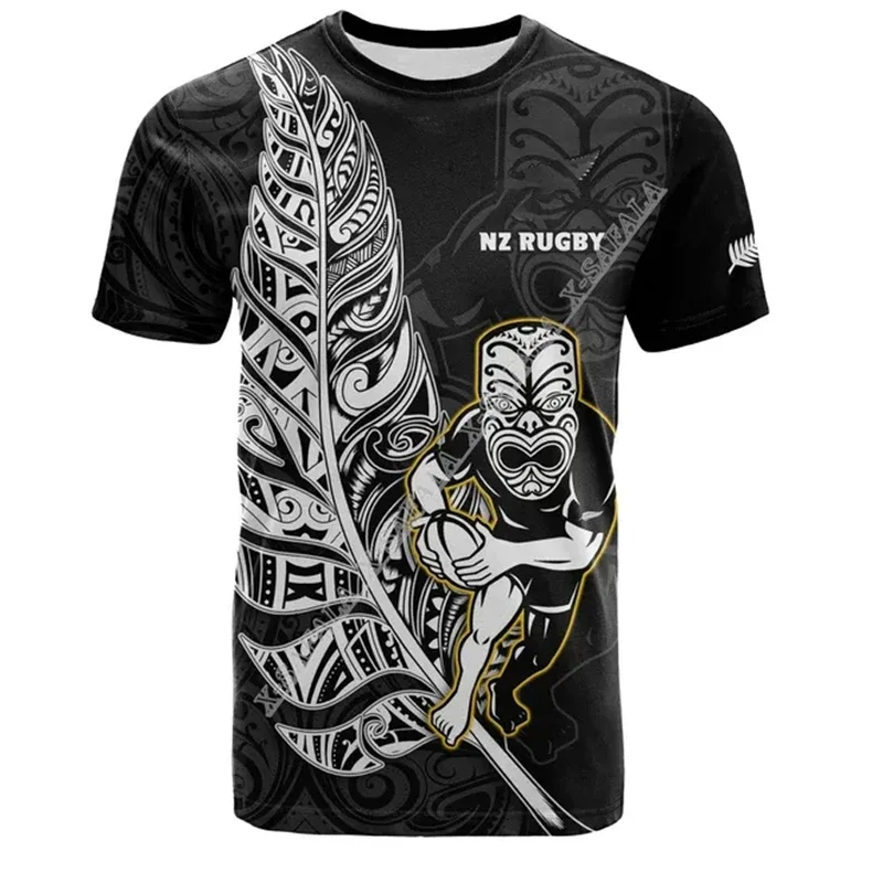 Camiseta holgada de manga corta para hombre, camisa deportiva con estampado 3D de Rugby de Nueva Zelanda, Top informal de cuello redondo, color