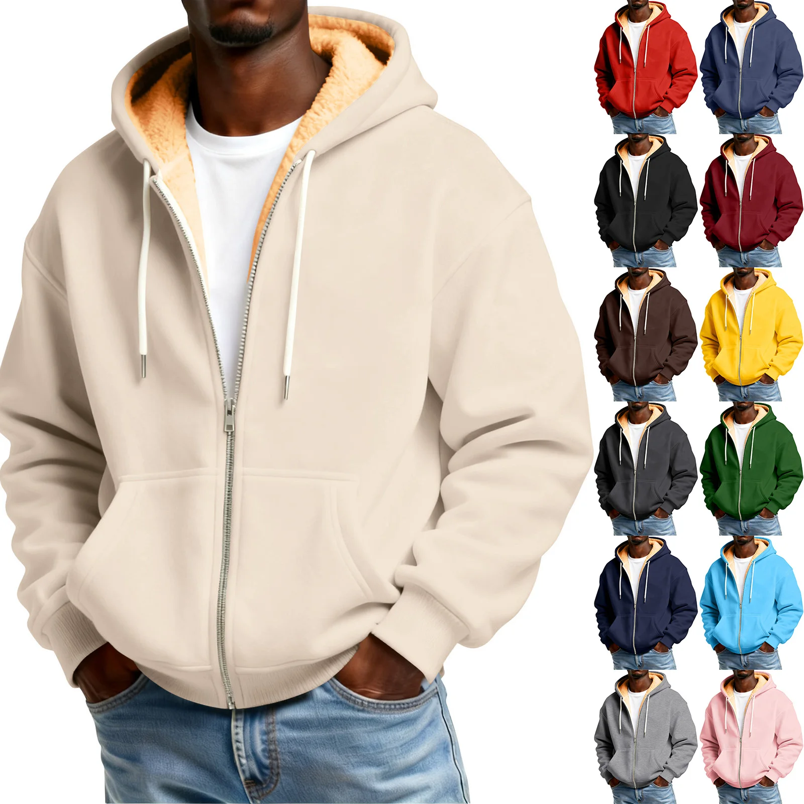 

Men's Solid Color Fleece Lined Zip Up Pocket Hooded Sweatshirt Cardigan Men's Casual Sweatshirt Cardigan Long Sleeve Tops
