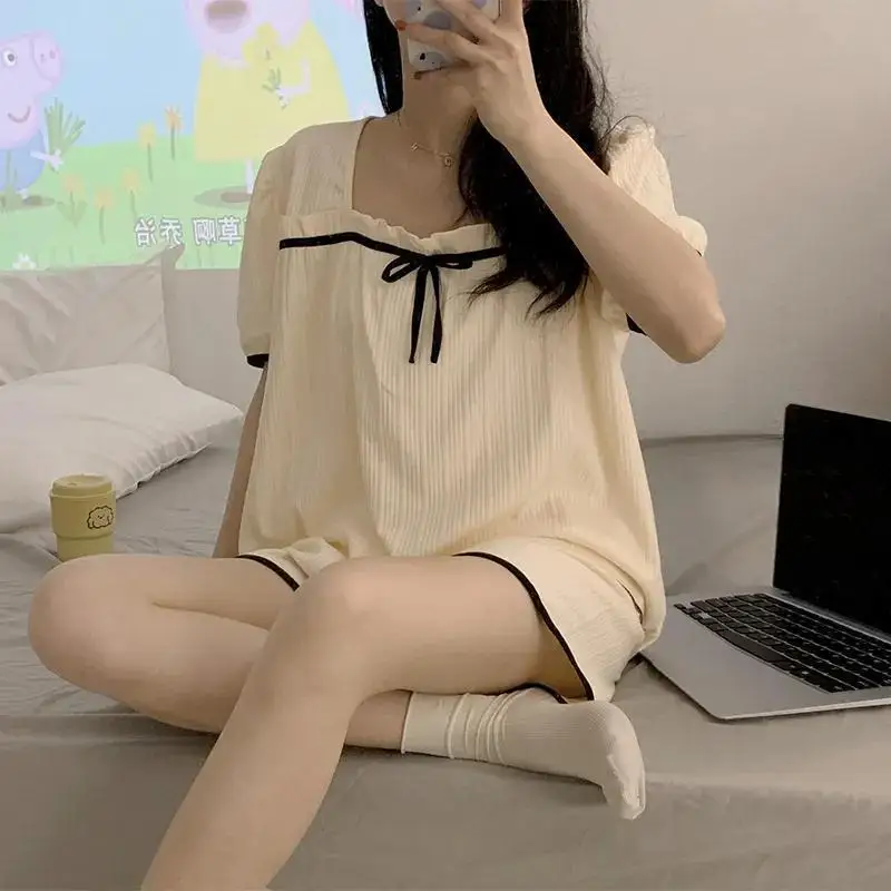 Square Collar Women Pajamas Sets for Home Summer Solid Sleepwear Shorts Sleeve 2 Pieces Night Wears Korean Bow Home Suit 2024