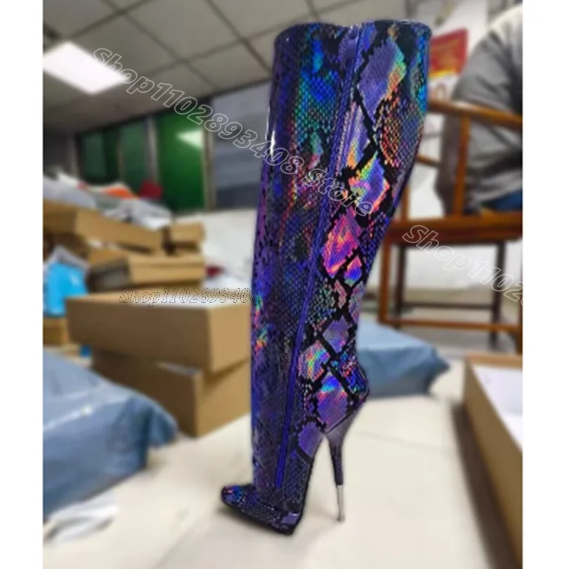 

Glitter Snakeskin Metal Heels Boots Side Zipper British Style Fashion Casual Women Dance Knee Boots 2024 Zapatos Para Mujere