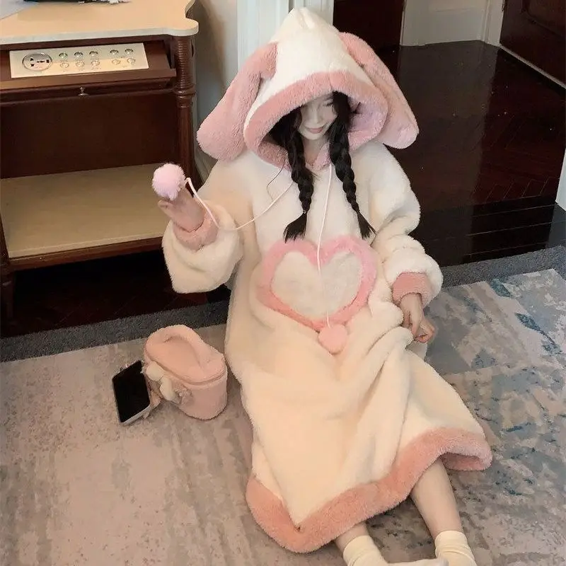 Women Cute Bunny Ear Hooded Flannel Nightgown Winter Thick Heart Print Long Sleep Dress Warm Fleece Ladies Homewear Pajama Robe