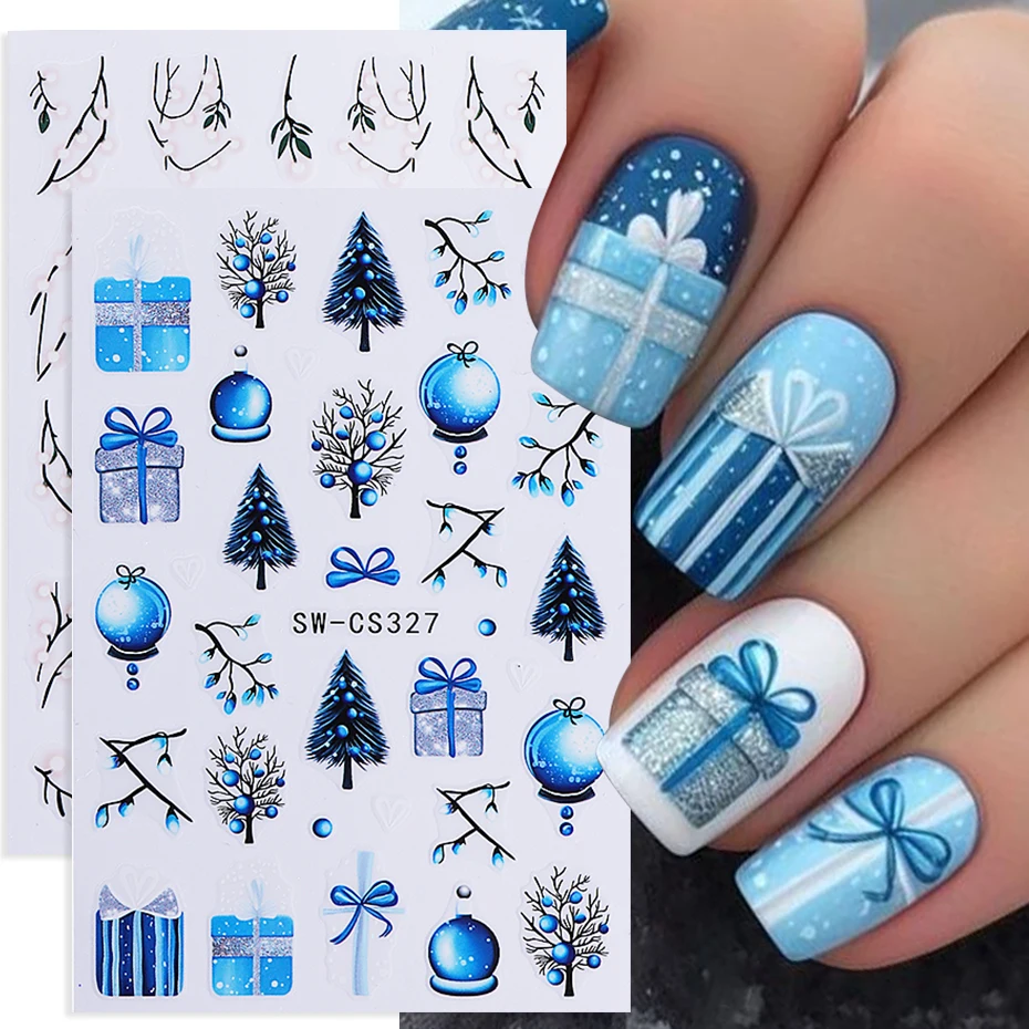 2 Stück Weihnachts-Nagelaufkleber, selbstklebend, blauer Weihnachtsbaum, Lichtkugel, Schleife, Geschenk, Nagelaufkleber, Schieberegler, Neujahr, Maniküre-Dekoration