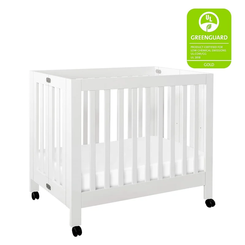 Origami Mini Portable Crib Folding with Wheels in White, 2 AdjustablePositions, Greenguard Gold Certified