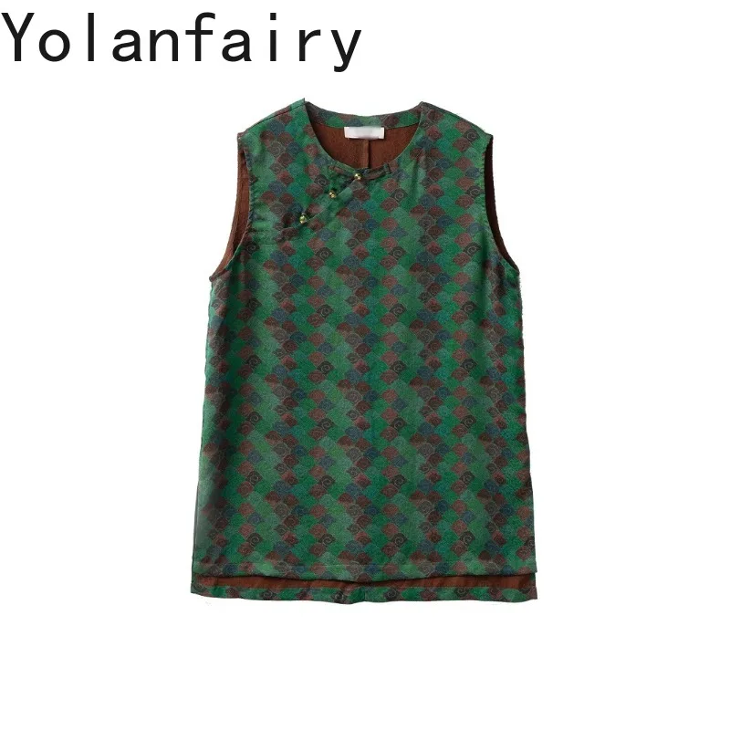 YOLANFAIRY 100% Real Mulberry Silk Tank Tops Woman Jacquard Gambiered Sleeveless Vest Mid-length Elegant Women's Tanks Clothing