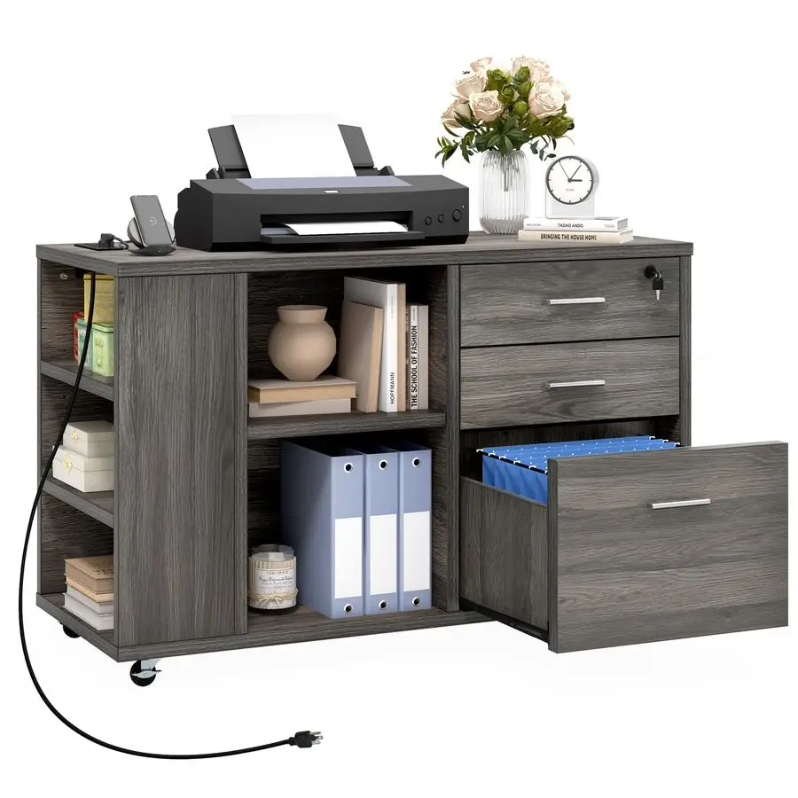 

Картотека с зарядной станцией, мобильный шкаф для документов с 3 ящиками и замком, подставка для принтера с открытой полкой для хранения для дома и выключения