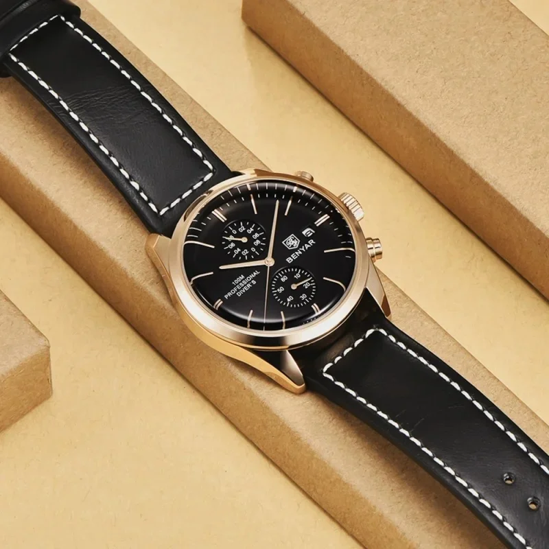 BENYAR 5187 Sport Men's Quartz Watch Luxury 100m Waterproof Calendar Chronograph Leather Military Watches for Man New