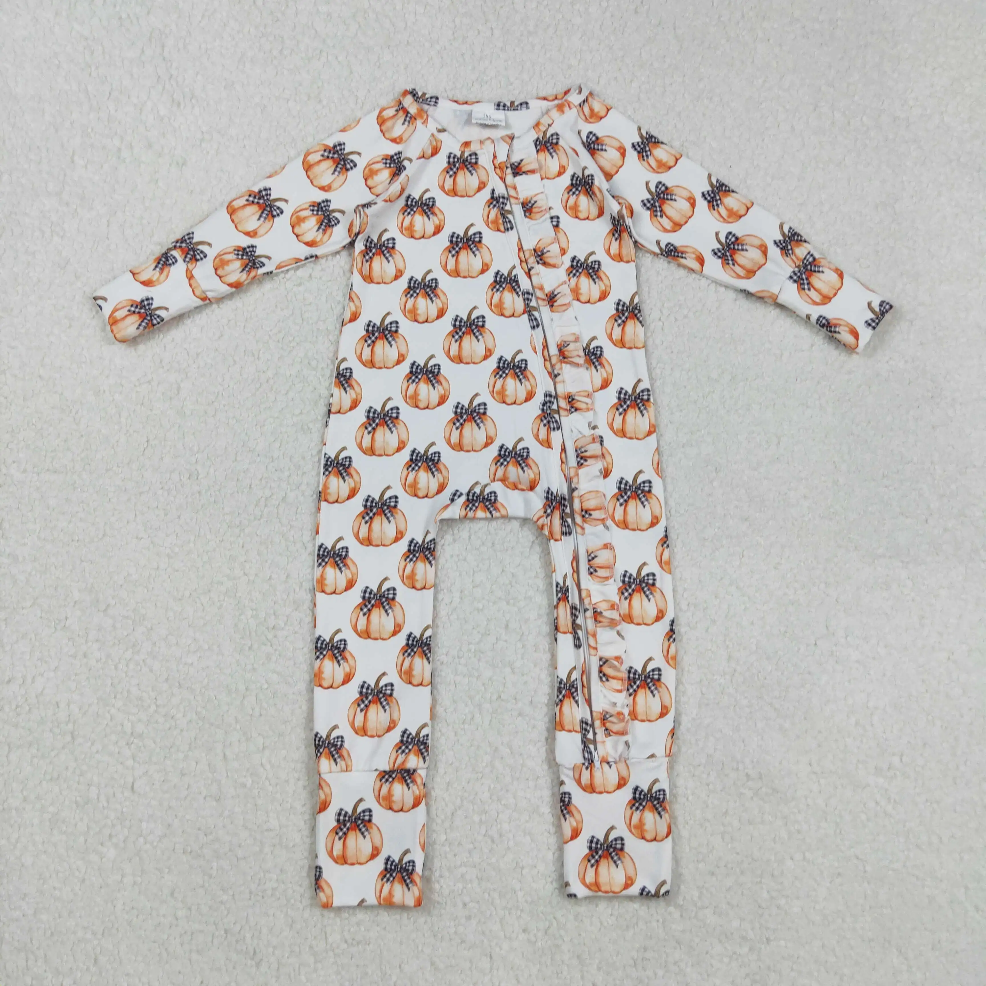 

8.30y Thanksgiving baby boys romper boutique wholesale black and white checkered bow pattern pumpkin lace zipper long sleeve one