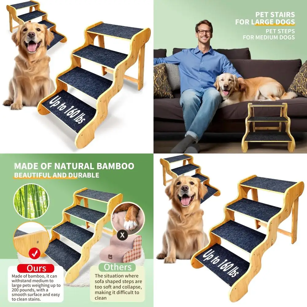 Rampa de bambú para mascotas de 4 pasos para perros grandes o mayores: acceso a cama alta, automóvil y sofá, admite hasta 160 LB, 20 de alto