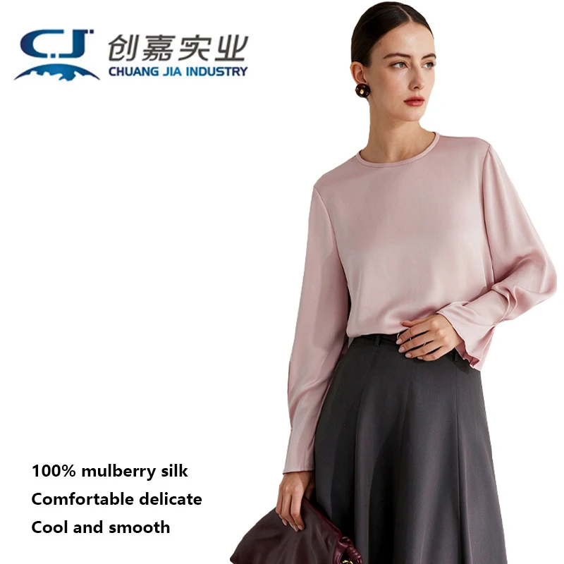 High-end Natural Silk Women's T-shirt - Long-sleeved Round-neck Simple Style Top - Comfortable, Cool, Lightweight and Soft