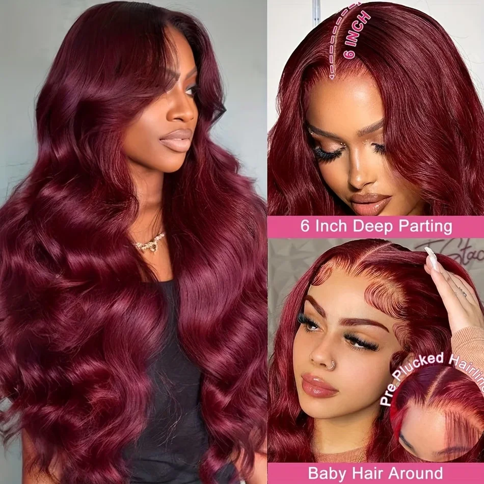 

Парик из натуральных волос с кружевной передней частью 13x6, 250 плотности, цвет 99J Бордовый, волнистый, 13x4, 30-40 дюймов, красный, бразильский, для женщин