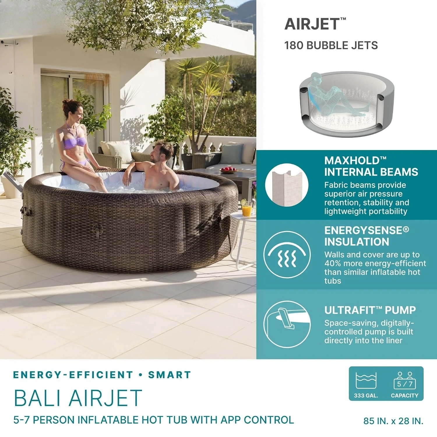 Inflatable Hot Tub - 5-7-Personen-Rund-Whirlpool, 180 Luftdüsen, Energieeffizient, 85