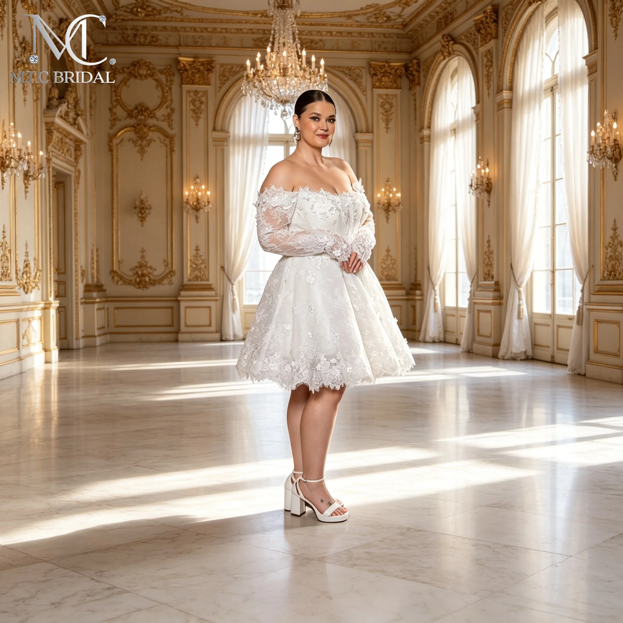 Plus Size Short Wedding Dress Long Sleeves Off The Shoulder A Line Lace Wedding Party Gowns For Bride Robe De Mariee