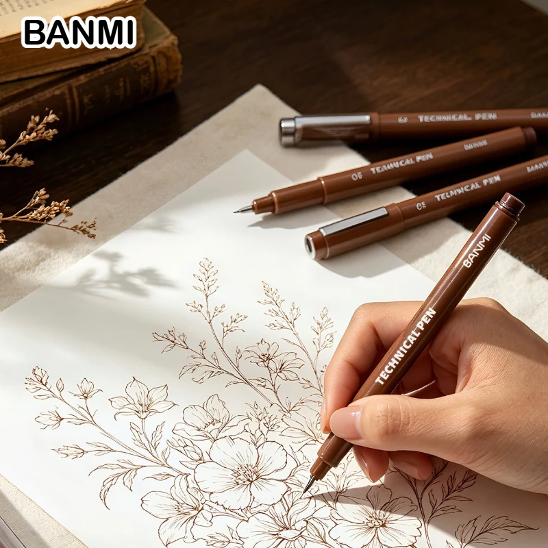 BANMI Fineliner Pen Waterproof Brown Ink Gel Pen 005/02/05 Tip Technical Pen for Drawing Sketching School Supplies Stationery