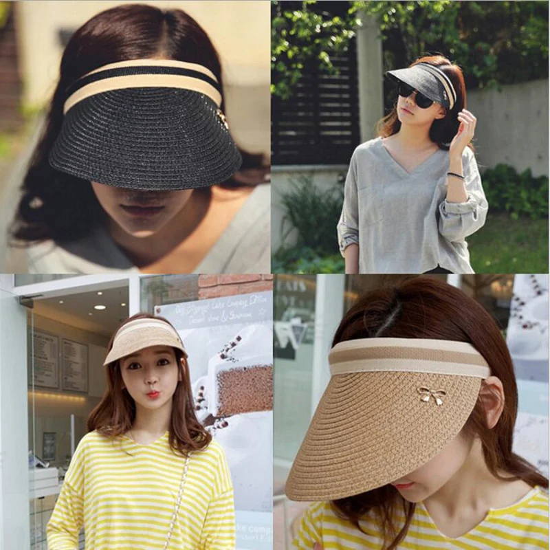 1Pc Women Summer Visors Empty Top Width Brim Beach Straw Bowknot Bee Hat Outdoor Cycling Beach Face-covering UV Protection Cap