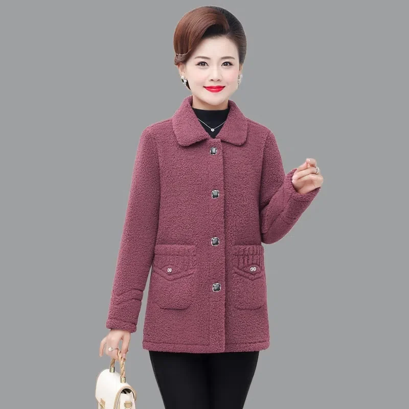 Middle Aged Women Lamb Wool Jacket 2023 New Winter Jacket Velvet Warm Cotton Clothes Parkas Female Grain Velvet Coats Outerwear