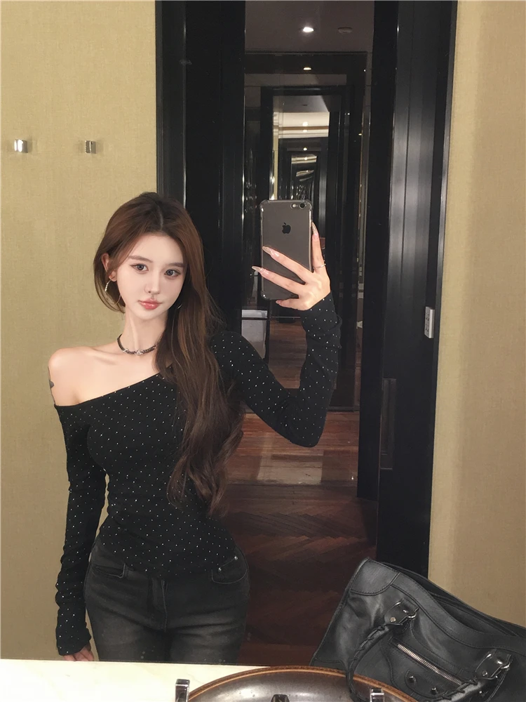 Sexy americano sle longo sve bla oulder camiseta feminina início do outono fino ajuste ort sle oulder bared topo