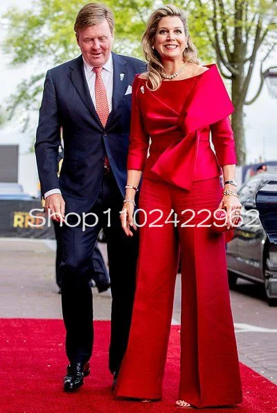 Red Two Pieces Mother of the Bride Groom Pant Suit with Big Bow Long Sleeve Stain Godmother Wedding guest party outfit