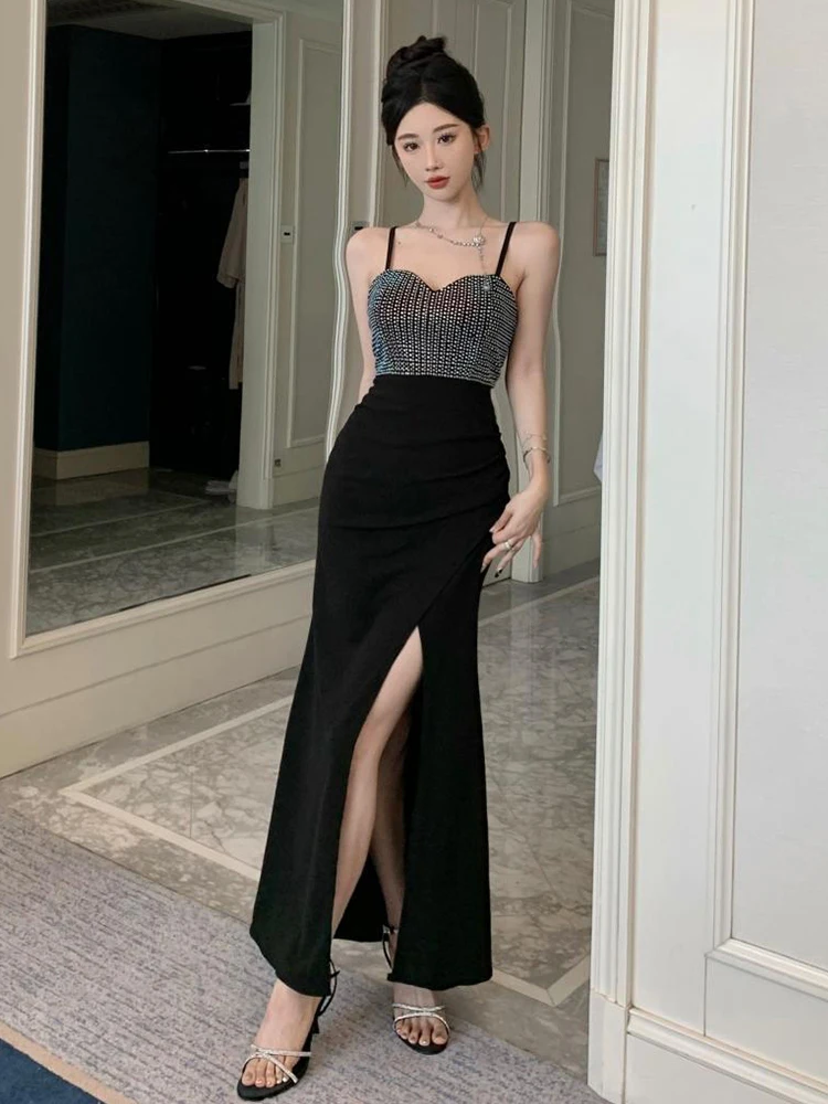 ชุดเดรสราตรีสีดำวิบวับ สายเดี่ยวเปิดหลัง ทรงเข้ารูป ดีไซน์หรูหรา สำหรับงานปาร์ตี้ คลับ งานพรอม แฟชั่นผู้หญิง สไตล์ใหม่