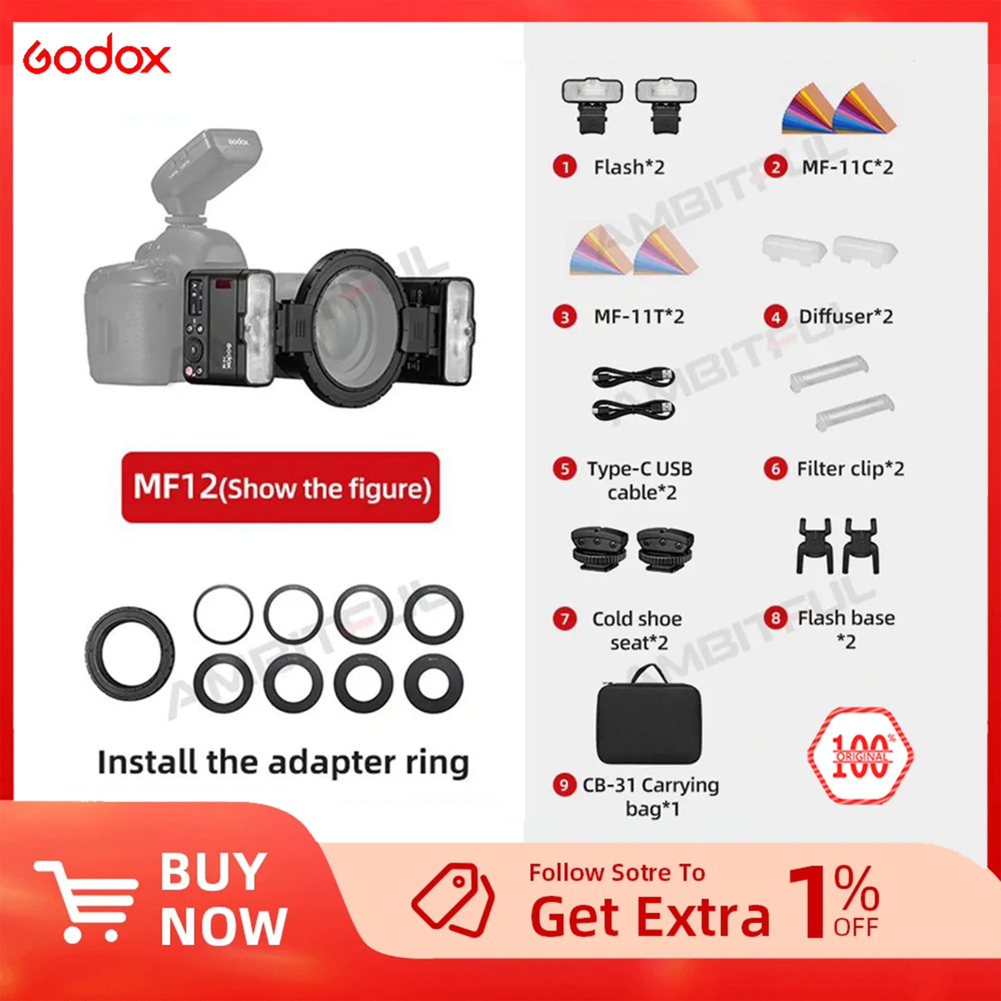 

Godox MF12 Mini Macro Flash Speedlite built-in Godox X System TTL Flash + Color Filter Diffuser for Camera Macro Shots