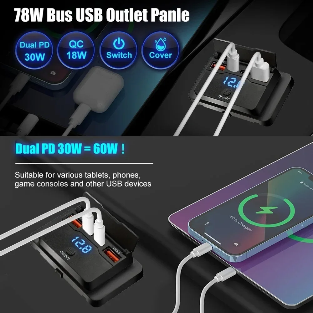4-Port PD QC3.0 Fast Car Charger Adapter with Touch Switch Voltage Display for 12V-24V Bus Camper Boat ATV