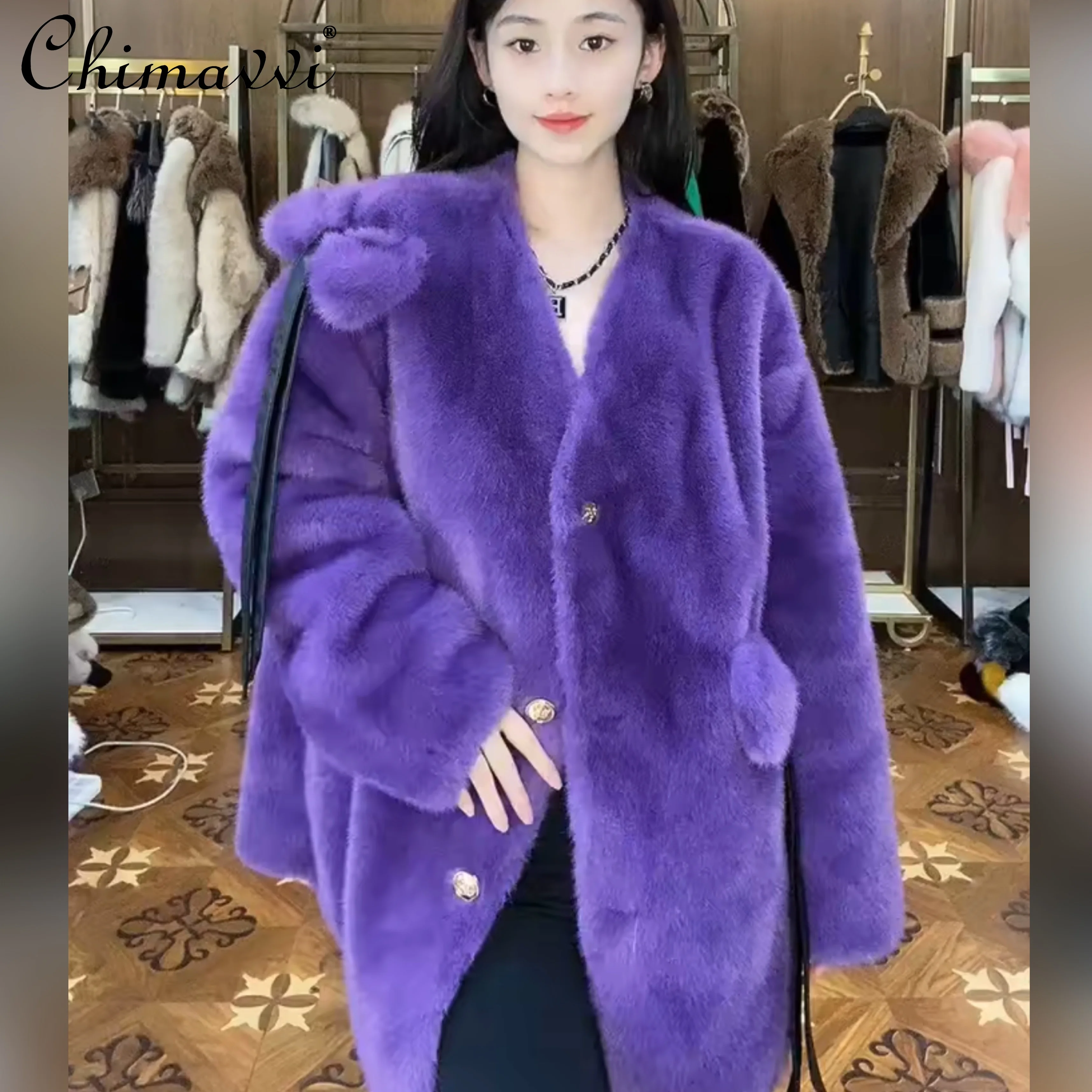 

European Fur Long Sleeve Coat Female 2022 New Winter Coats Fashion Toka Double Face Wool Leather Warm Casual Sweet Fur Jacket