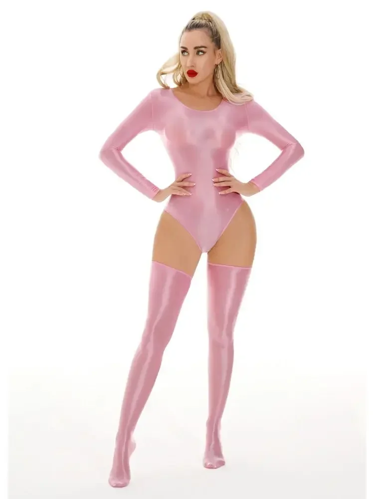 M-XL unissex brilhante manga longa catsuit maiô collants sexy corpo ursinhos elástico fitness bodysuit banho collant unitard