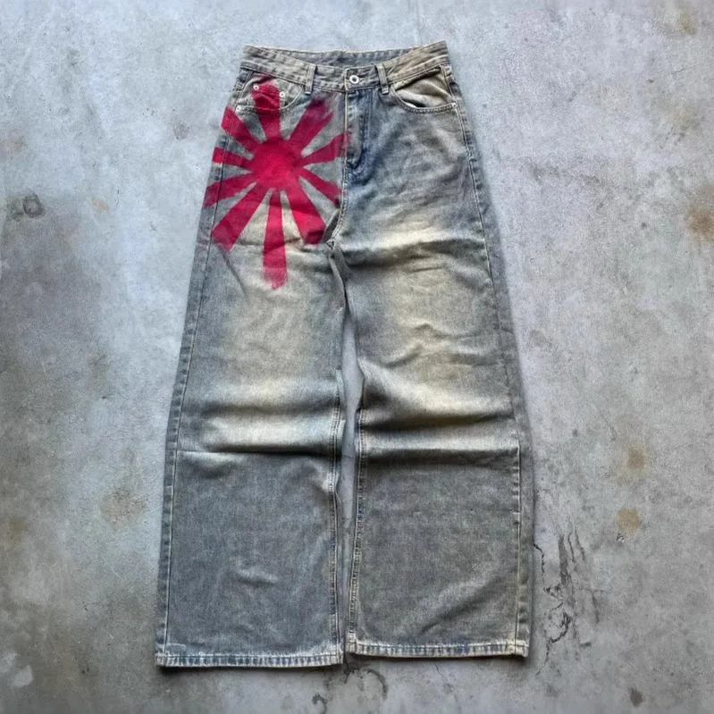 American Retro Washed Old Niche Design Sense High Street Vibe Wide Leg Mopping Printed Denim Trousers Men