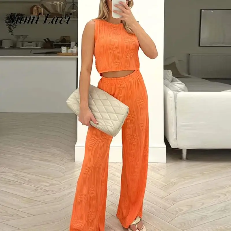 

Casual O Neck Sleeveless Vest & Long Pant Set Elegant Elastic Waist Pleated Outfits Women Fashion Solid Loose Straight 2Pc Suit