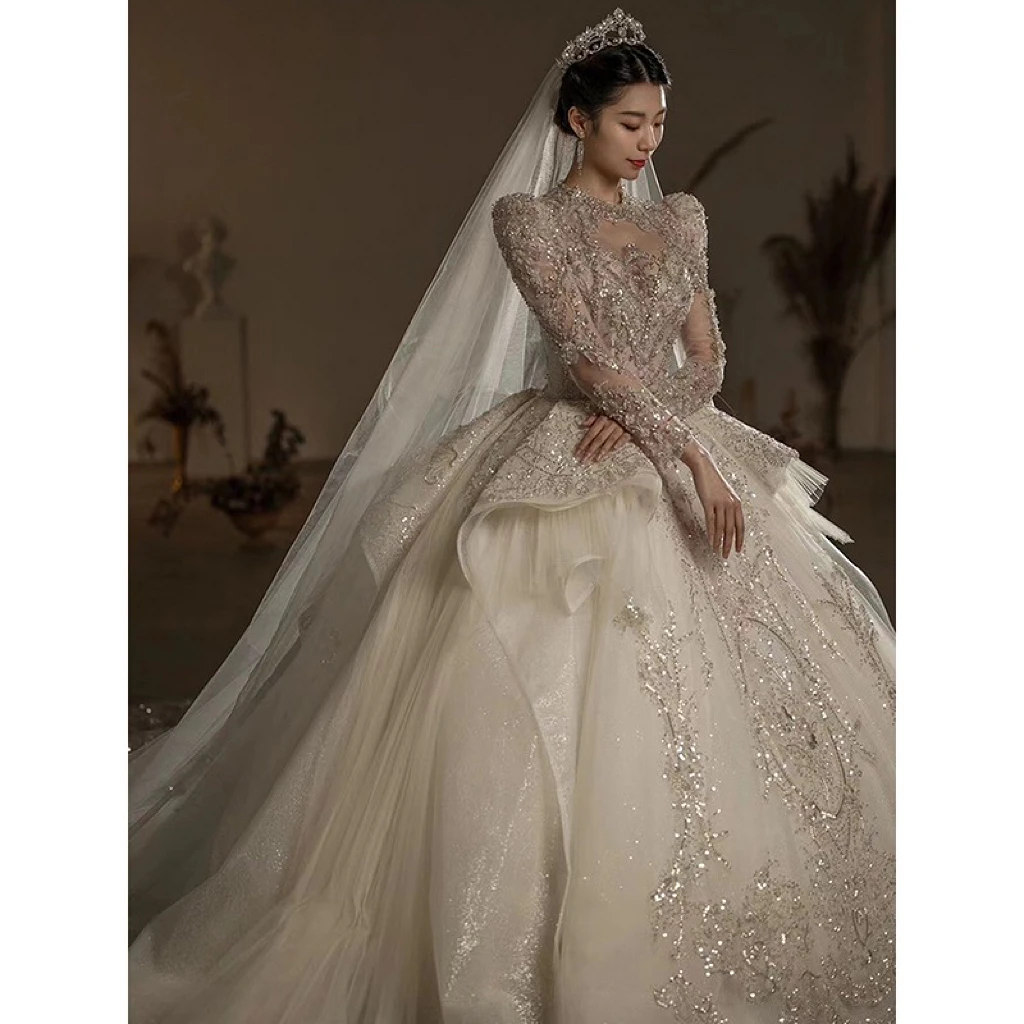 

Luxury Wedding Dresses Shiny High Neck Beading Sequined Long Puff Sleeve Ruffle Princess Trailing Exquisite Bridal Gown High-end