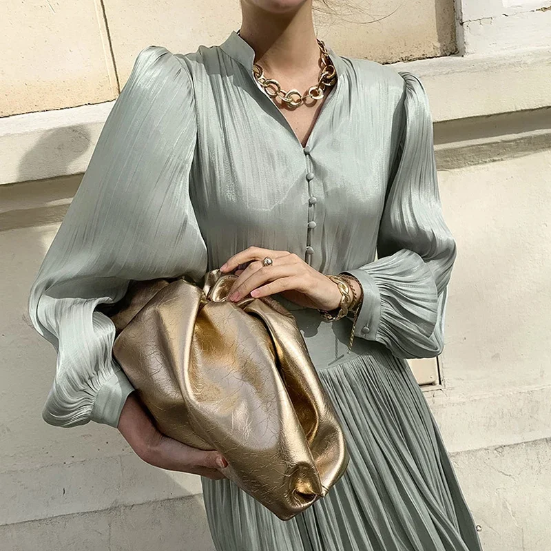 Chic Vintage Dress Women Summer Green V-neck Button Up Bodycon Dress Female Long Sleeve Apricot Business Clothing