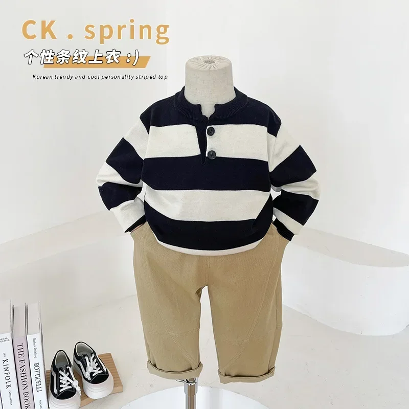 

2024 Early Spring New Children's Clothing Children's Net Red Personality Striped Sweater Boys' Spring Autumn All-Match Sweater