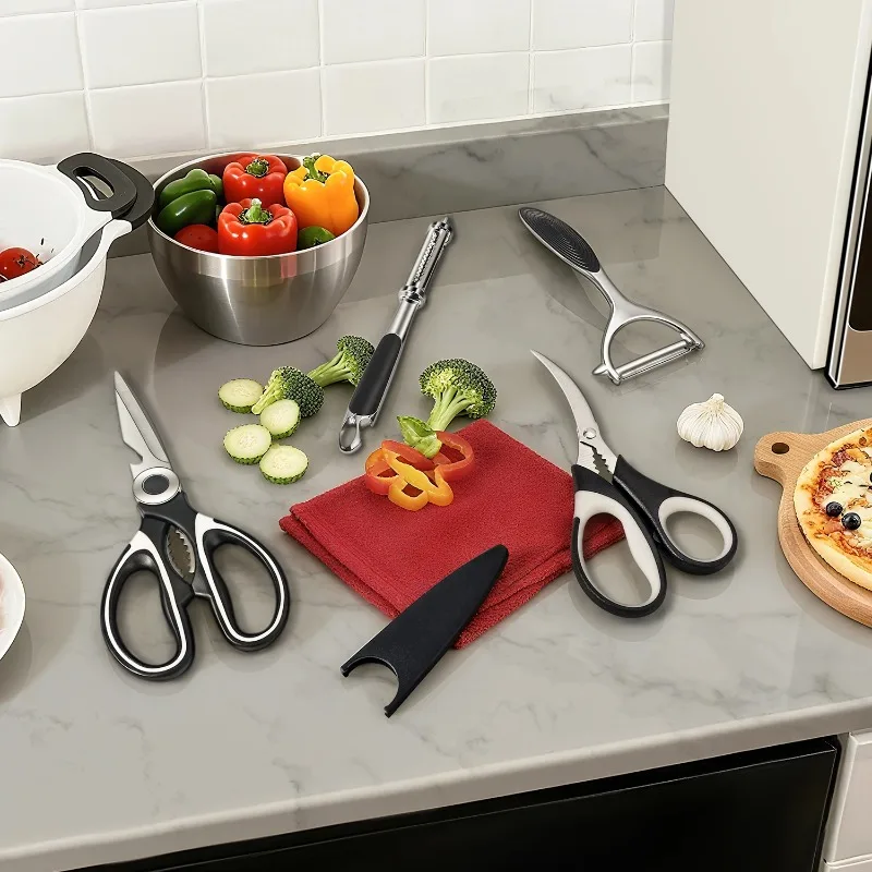 4PCS Black Kitchen Scissors Set Kitchen Shears Seafood Scissors 5 in 1 Peeler Flat Peeler Kitchen Gadgets Sharp Kitchen Utensils