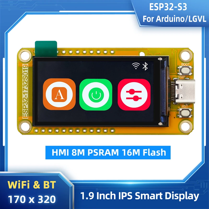 ESP32-S3 HMI 8M PSRAM 16M Flash for Arduino LVGL WIFI&Bluetooth 1.9 Inch 170*320 Smart Display Screen IPS LCD TFT Module