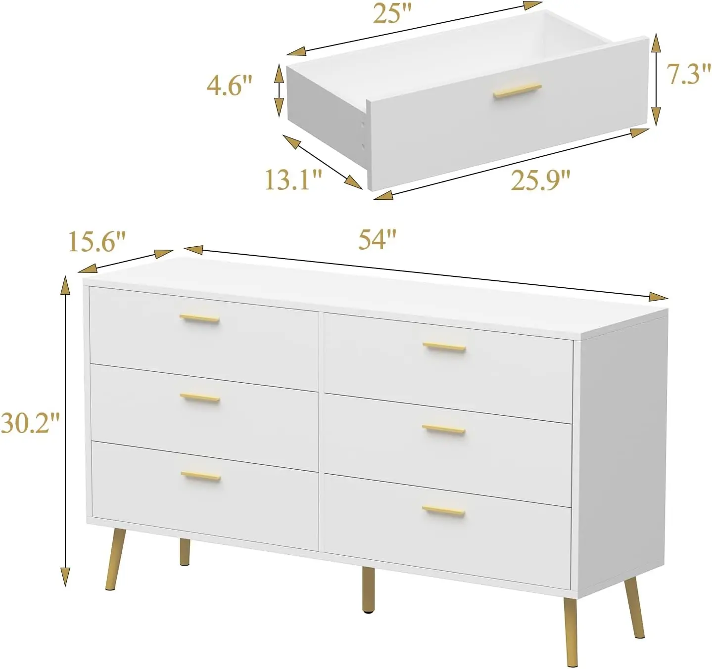 54" l Kommode mit 6 Schubladen, moderne Kommode aus weißem Holz mit Stauraum, Doppelkommode, Truhe, Organizer, Metallgriffe und Metall l