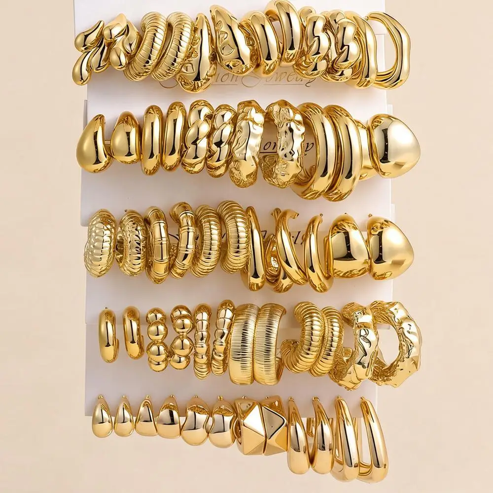 Golden Plated Hoop Earrings Set Twisted Ridged Smooth Geometric Layerable Fashion Jewelry for Women Daily Office Party Wear