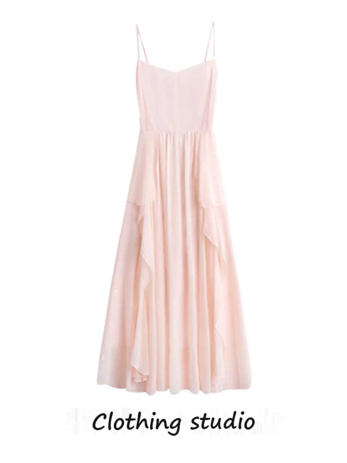 ビーチヴァイオン 美しいシフォンストラップドレス 夏 フェアリーティーロング ホワイトドレス フレンチスレ ハイウエストAラインスカート