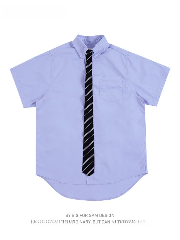 

Loose Short Sleeve Shirt Unisex American Street College Style Tie Bigforsam Breathable Cotton Youth Summer Fashion Shirt