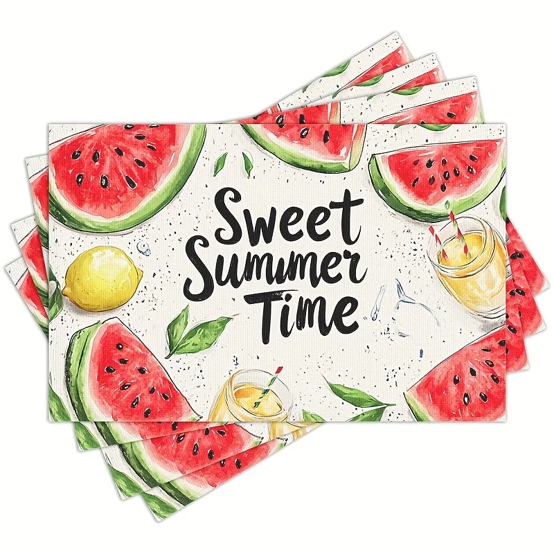 

4 шт. льняные летние акварельные коврики для стола «Sweet Summer Time», дизайн с арбузом, лимонным напитком, иллюстрациями, моющиеся