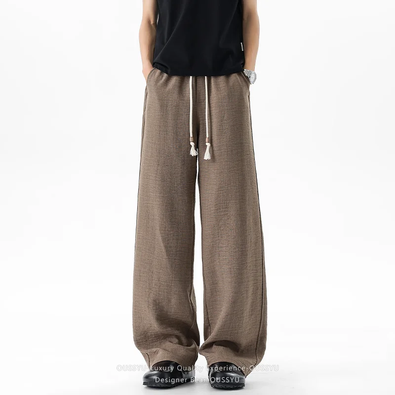 Brand Clothing 2026 Summer Thin Men's Wide Leg Pants Baggy Straight Drawstring Elastic Waist Khaki Casual Trousers Man Plus Size