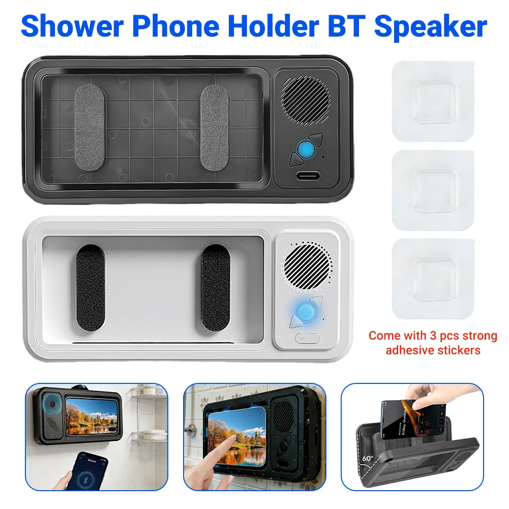 

IPX5 Waterproof Shower Phone Holder with Bluetooth Speaker Hands-Free Call Music Play Bathroom Phone Stand for All Smartphones