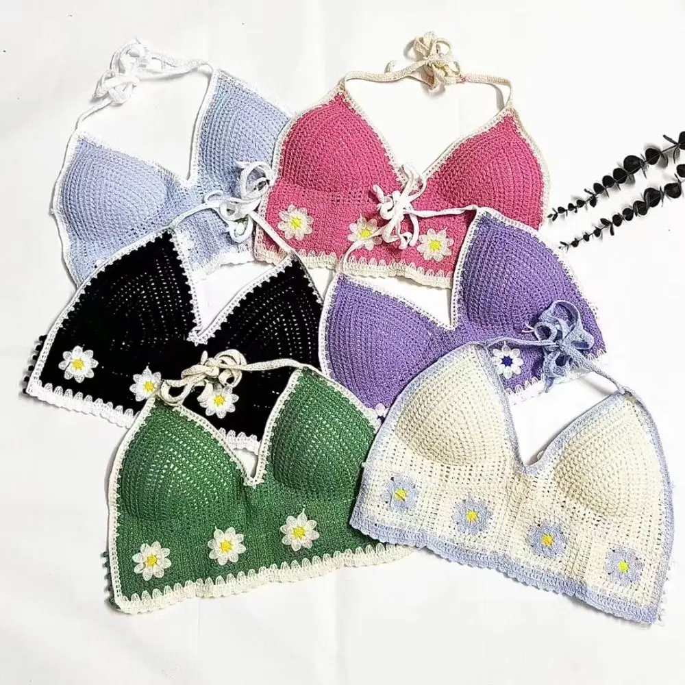 with Chest Pad Daisy Short Tank Top Summer Beach Hollow Out Women Underwear Tassel Knitted Bra