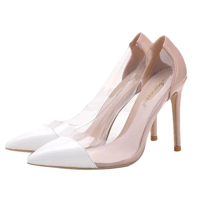 New pointed toe high heels women\'s stiletto nude transparent plastic shoes all-match sexy stitching size women\'s shoes white