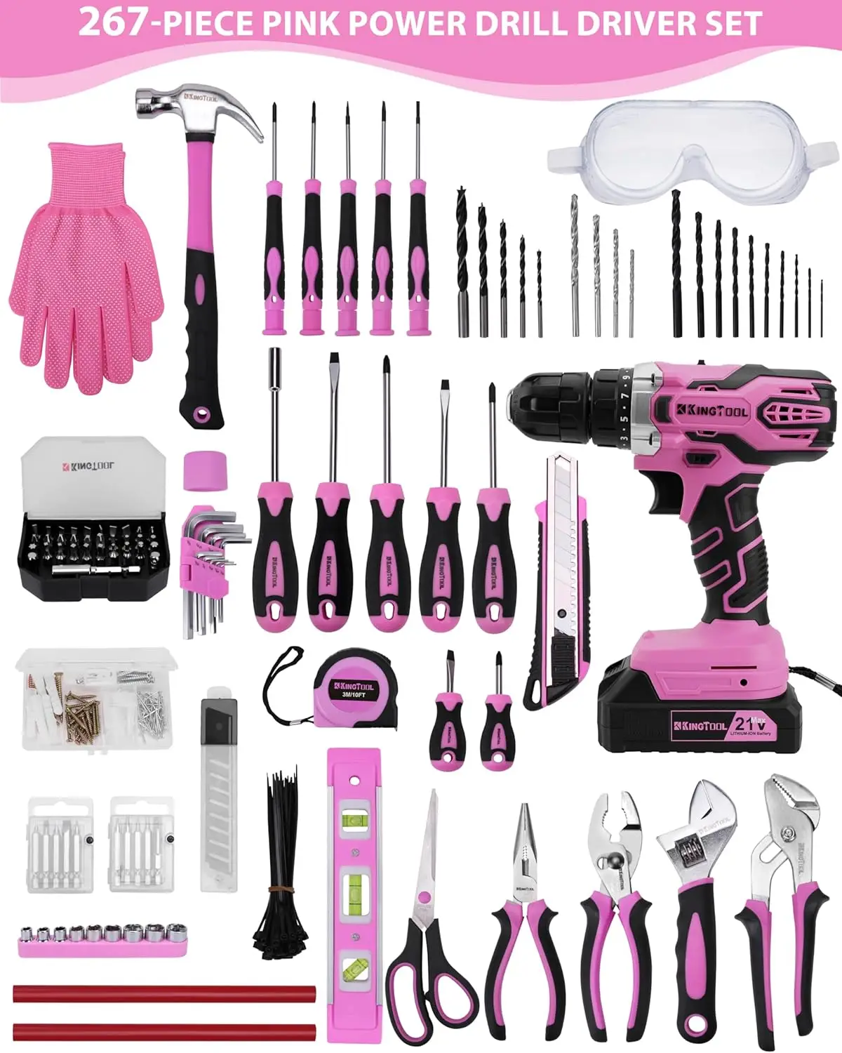 267-Piece Tool Kit Set with 21V Crodless Pink Power Drill Driver Tool kit for Women with Pink Storage Bag