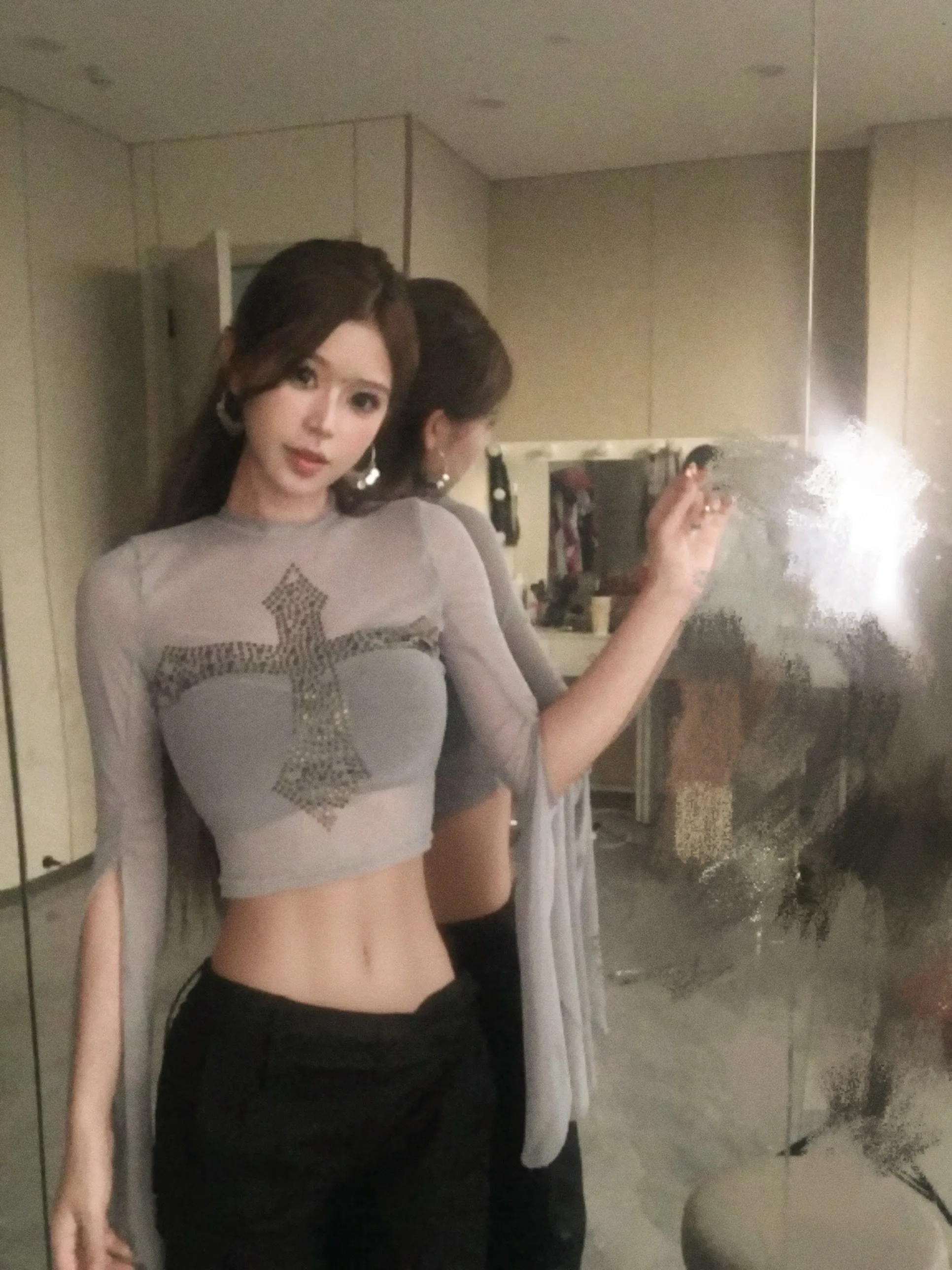 

Синяя женская футболка Blue Me See-tough с вырезами, сексуальный топ для студии, укороченный, с круглым вырезом, для повседневной носки