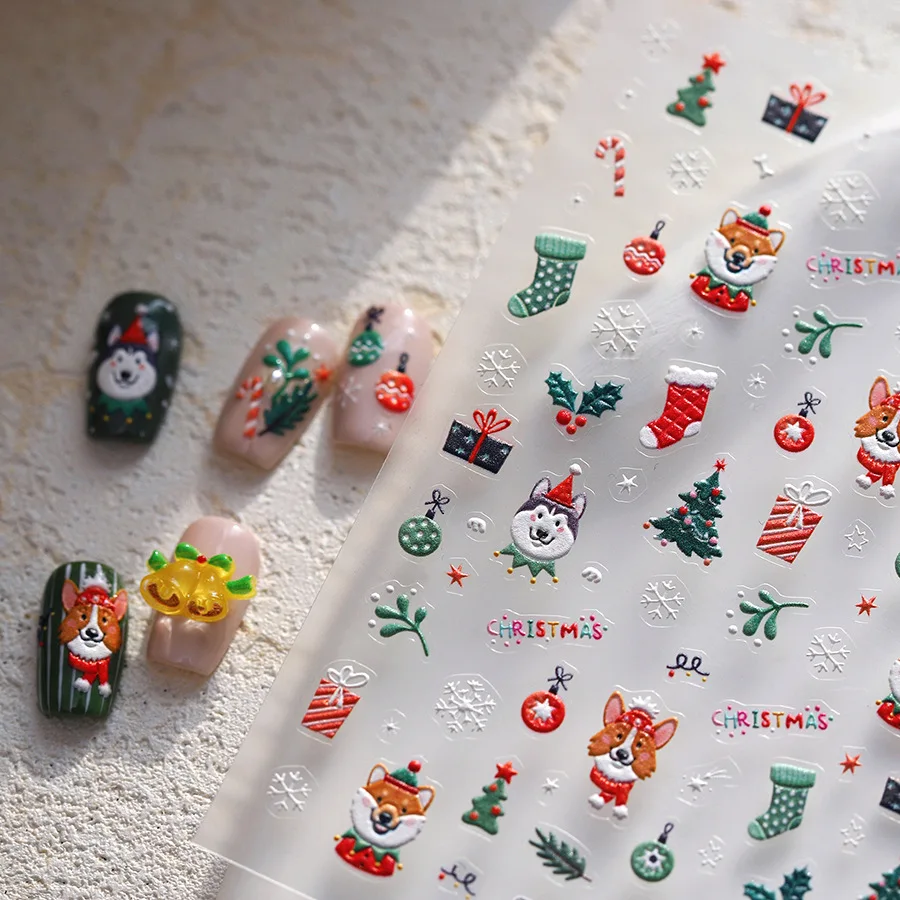 

Premium Embossed Christmas Dog Nail Stickers Self Adhesive Cartoon 3D Relief for Women Party Decor