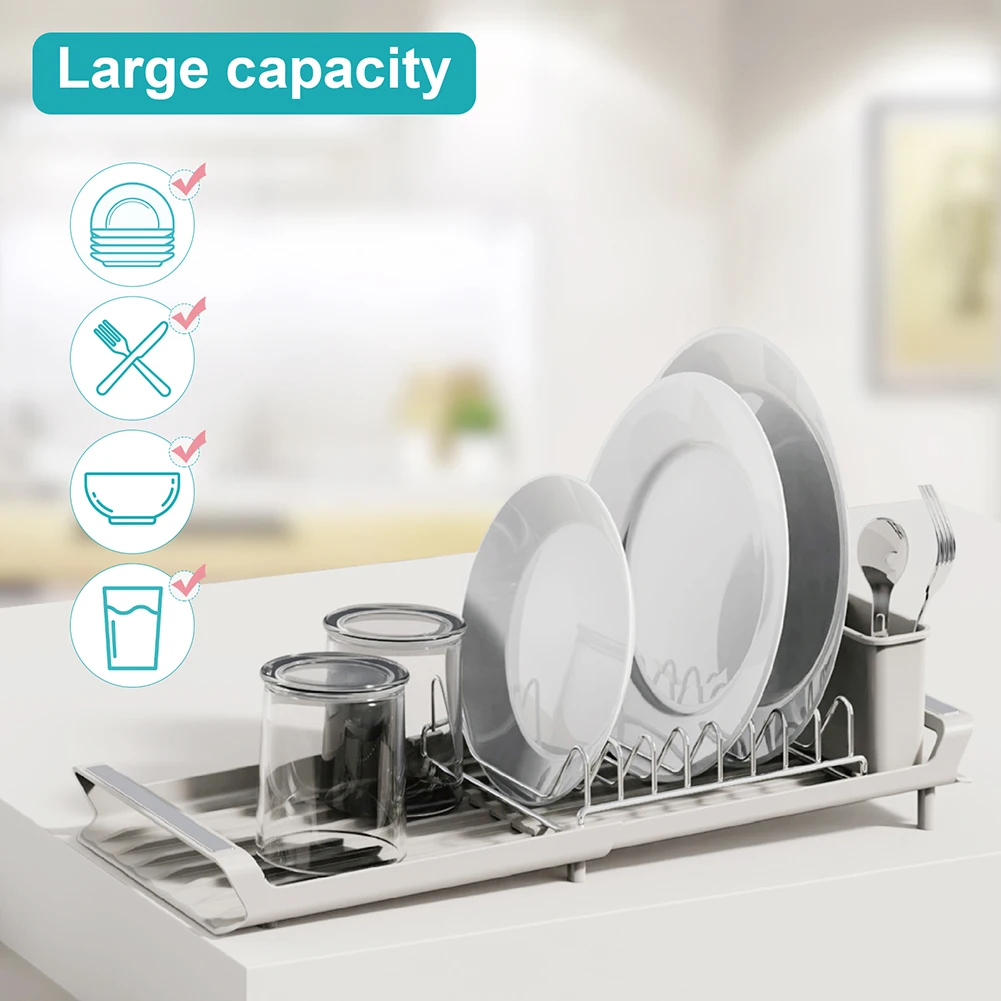 Extendable Dish Drying Rack With Draining Tray Rustfree Rack For 8 Plates With 2 Utensil Holder Kitchen Countertop Storage Rack