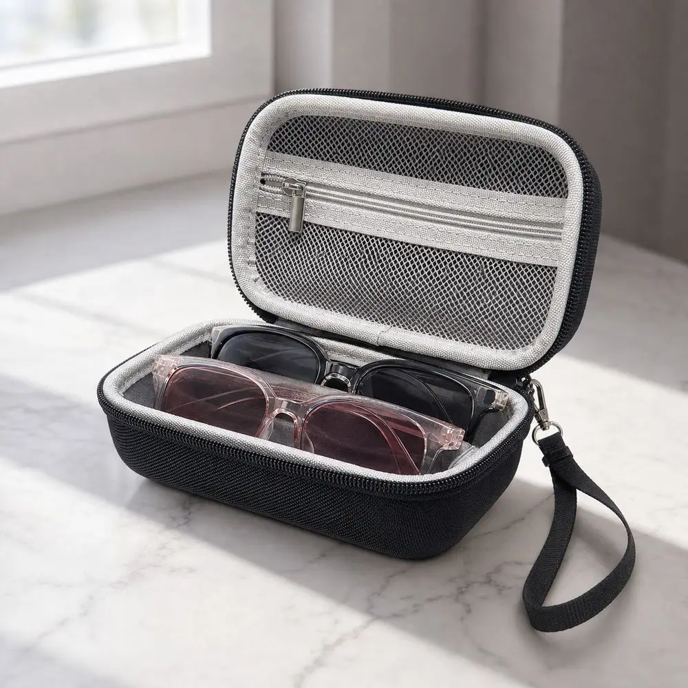 EVA Glasses Storage Box Mesh Zipper Pocket Dual Compartment Sunglasses Organizer Case Adjustable Divider Travel Accessories